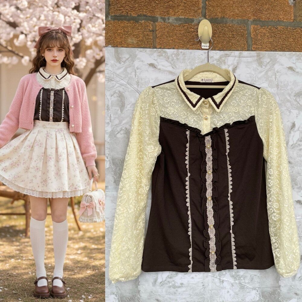 Coquette Core Axes Femme Brown & Cream Lace Blouse, Dainty Pearl buttons medium - Picture 1 of 12